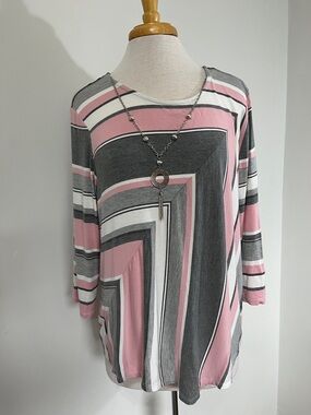 Alfred Dunner Spring Womens SZ XL Flowy Striped Top w/ Necklace Multicolor